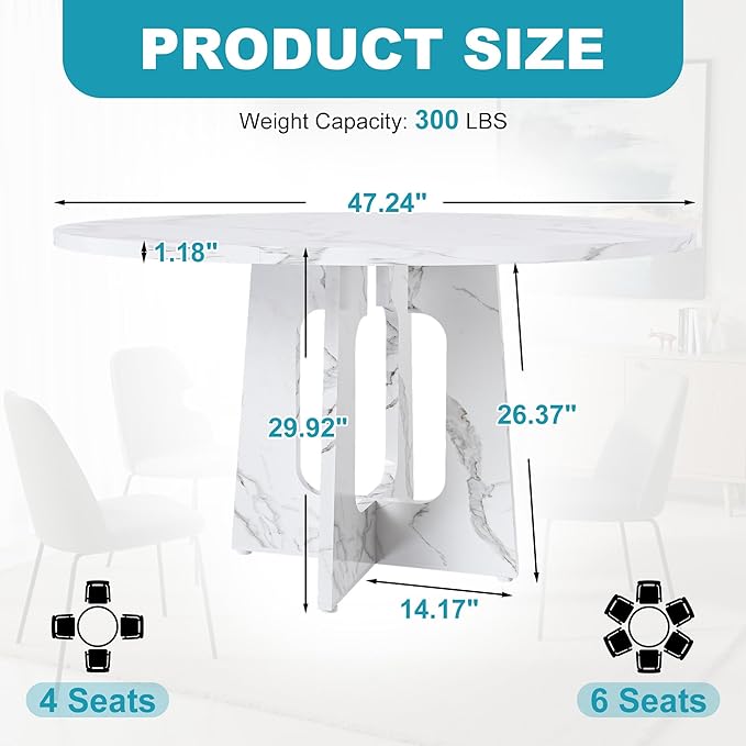 47" Round Dining Table for 4-6, Modern Small Dinner Table Farmhouse Round - Image 2