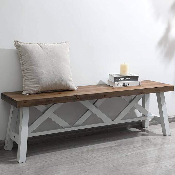 Wnutrees 54" Farmhouse Wood Bench, Rustic Solid Wood Entryway Bench Seat - Image 6