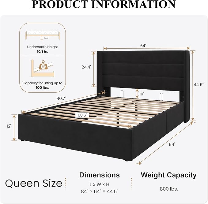 SHA CERLIN Queen Size Lift Up Storage Bed/Velvet Upholstered/Modern Wingback - Image 2