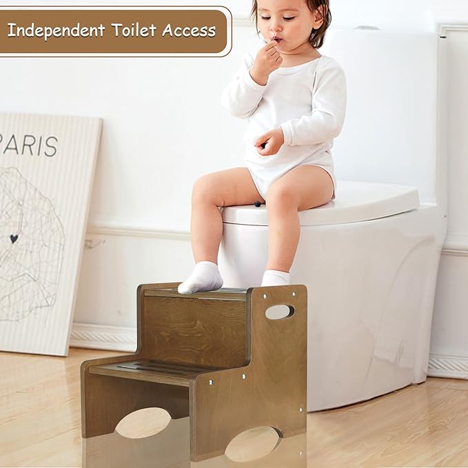 WOOD CITY Toddler Step Stool for Kids, Wooden Brown Two Step Children's Stool - Image 2