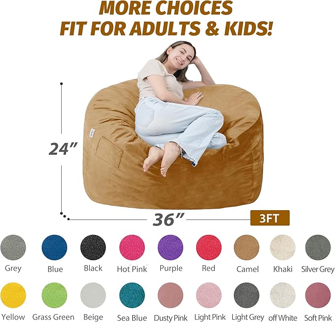 3FT Bean Bag Chair with Ultra Soft Velvet Cover Bean Bag Sofa with Memory Foam - Image 2