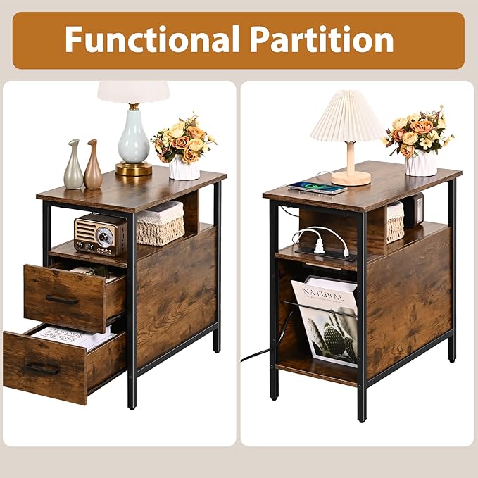 Side Tables with Charging Station, Narrow End Table with 2 Wooden Drawers - Image 5