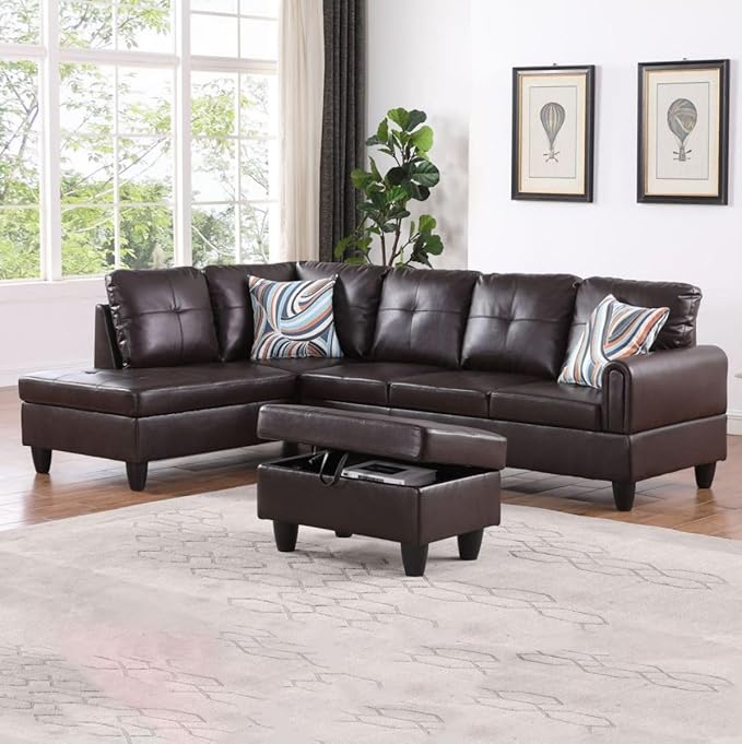 Brown L-Shaped 3-Piece Faux Leather Sofa by Unknown