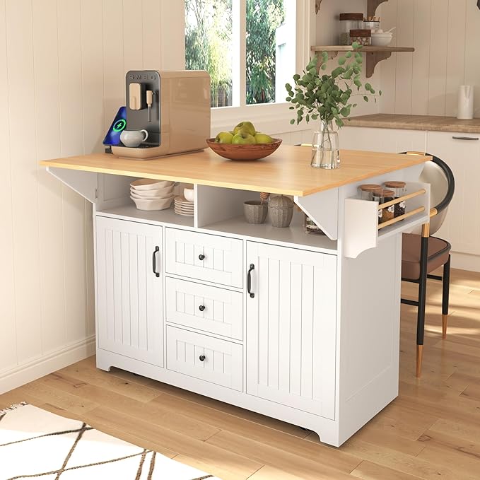 56" Large Kitchen Island with 2 Drop Leafs, Rolling Kitchen Cart on 5 Wheels - Image 8