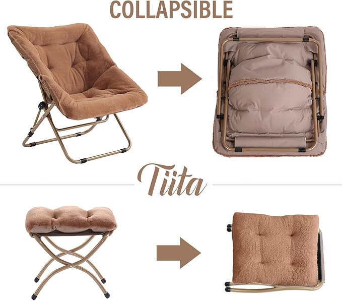 Tiita FoldedChair with Ottoman, Soft Faux Fur Oversized Folding Accent Chair - Image 5