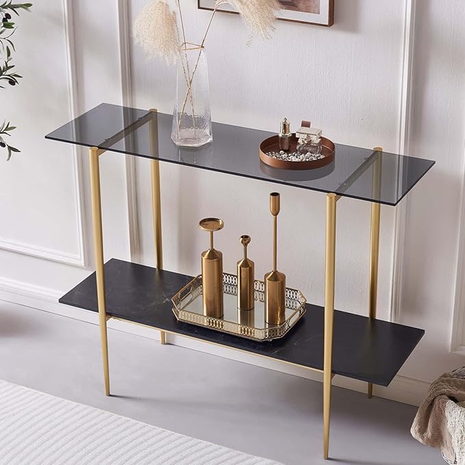 Glass Console Table for Living Room, Foyer & Entrance, 2-Tiers Mid-Century by LumFurn