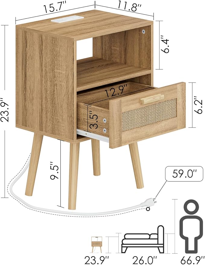 Rattan Nightstand with Charging Station, Small Night Stand, Side Table with - Image 2