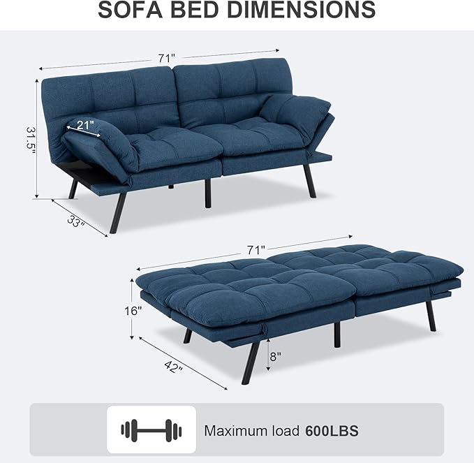 Vipbear Futon Sofa Bed Couch, Space-Saving Loveseat - Image 2