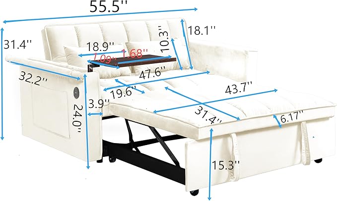 Ball & Cast 55" 3 in 1 Sleeper Sofa Bed Velvet Upholstered Pull Out Couch - Image 2