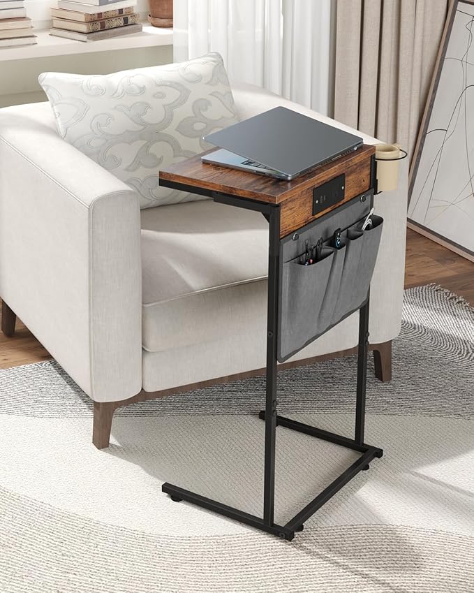 C Shaped End Table with Charging Station, Small TV Tray with Cup Holder and - Image 5