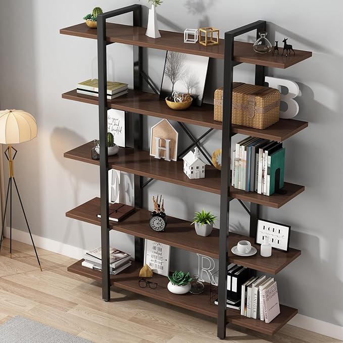 Industrial Bookshelf with 5 Shelves, Solid Wood core Bookcase, Walnut Wood and - Image 6