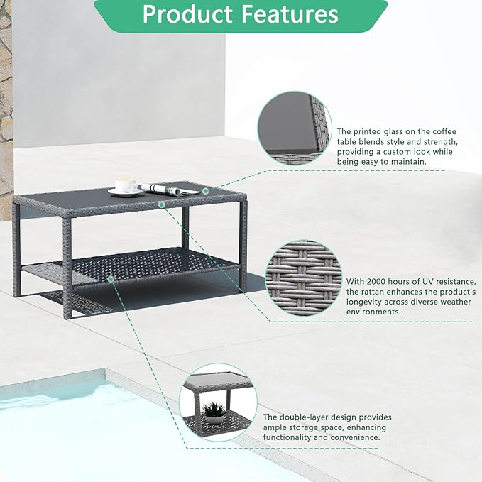 Helios&Hestia Rectangle All Weather Rattan Wicker Outdoor Coffee Side End Table - Image 3