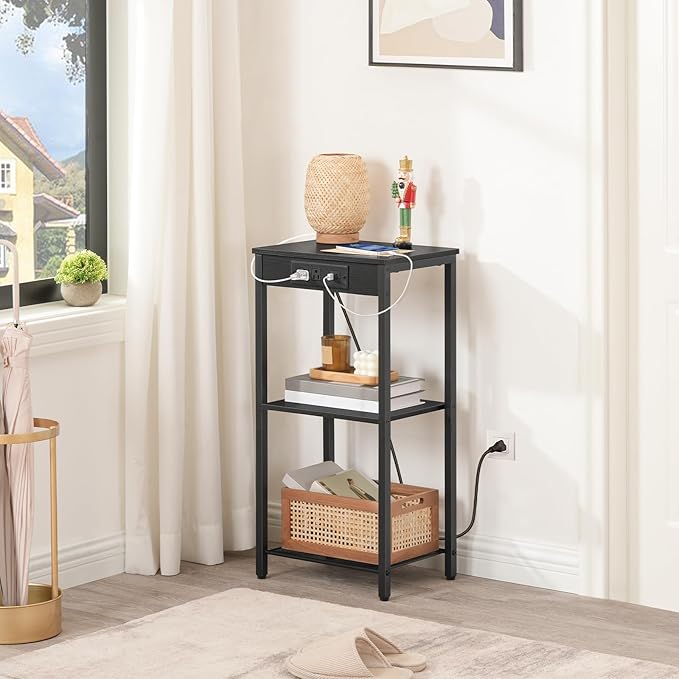 HOOBRO Tall End Table with Charging Station, 30 Inch Tall Nightstand, 3-Tier - Image 6