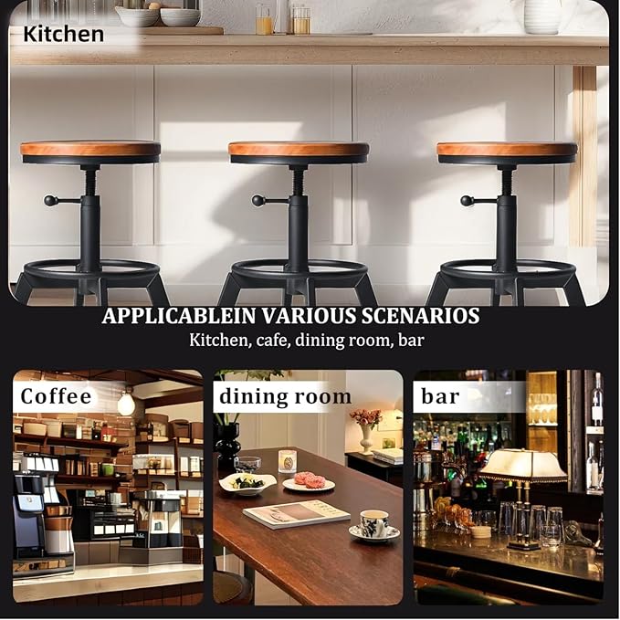 Set of 2 Industrial Bar Stools Short Stool Swivel Wooden Seat Kitchen Island - Image 5