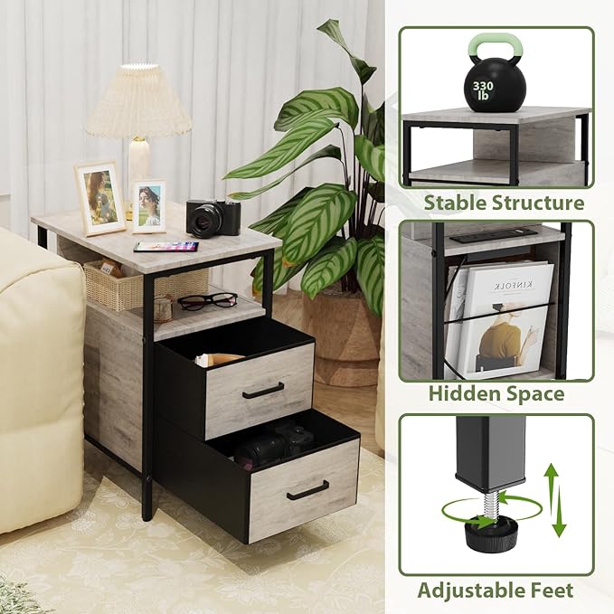 End Table with Charging Station, Narrow Side Table with 2 Fabric Drawer & - Image 8
