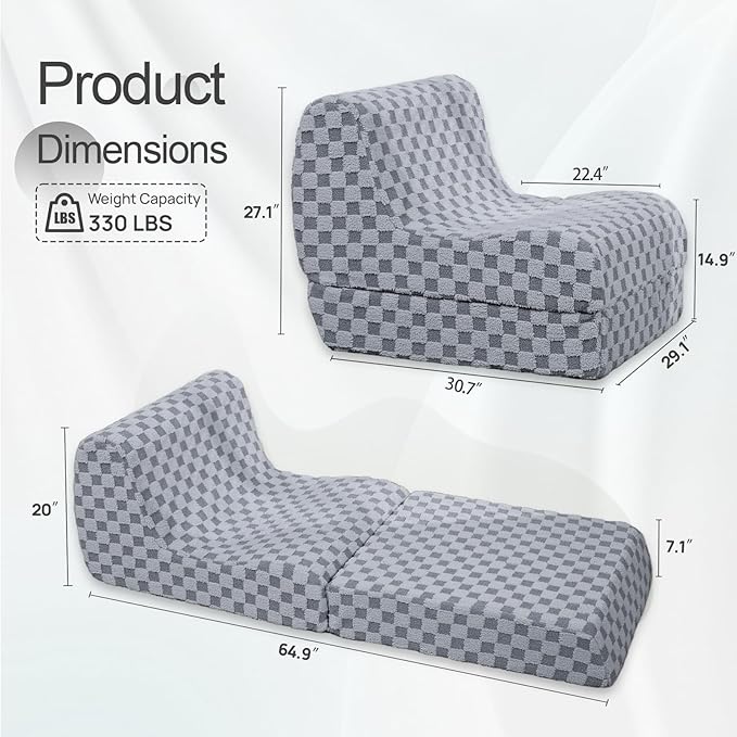 Bean Bag Chair with Checkerboard Shaker Fleece Fabric, Folding Sofa Bed - Image 2