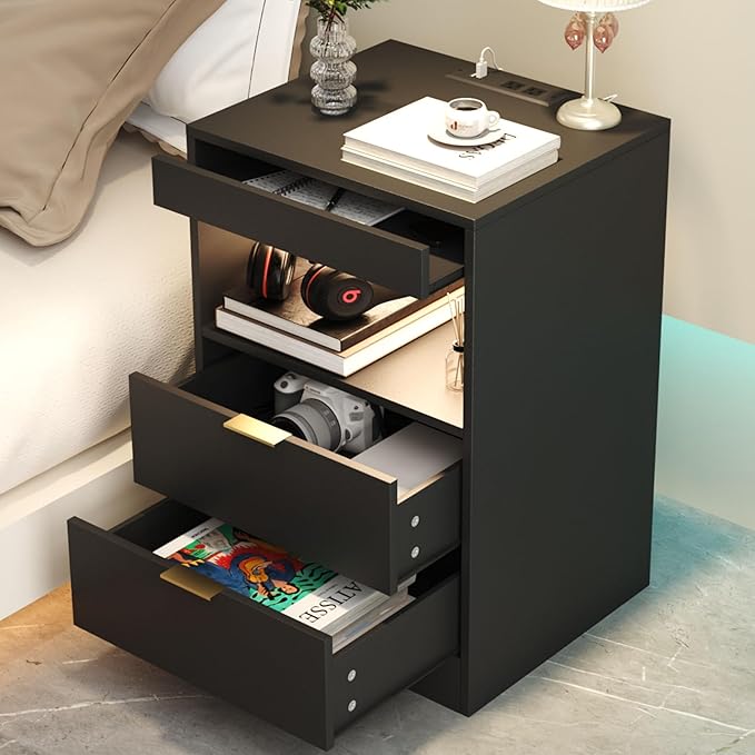 Gadroad LED Nightstand with Charging Station, Bedside Table with 3 Drawers and - Image 7
