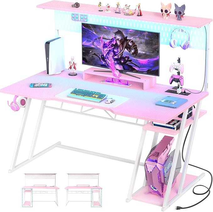 Armocity Pink Gaming Desk with Hutch and LED Lights, Reversible PC Gaming Desk by Armocity