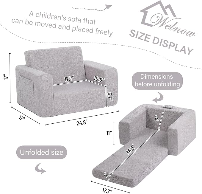 Welnow Toddler Chair, 2-in-1 Soft Sherpa Kids Sofa, Convertible Toddler Couch - Image 3