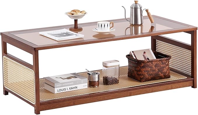 Welnow Rattan Coffee Table for Living Room, Modern 2-Tier Rectangle Center Table by LifeGetsBetterWithWelnow