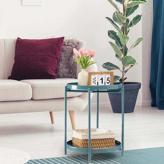 TeoKJ 2 Tier Round Side Table, Folding Round Metal End Table Small Nightstand - Image 7