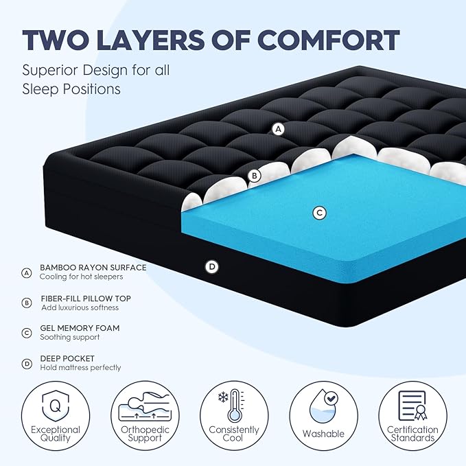 ELEMUSE 3 Inch Dual Layer Memory Foam Mattress Topper King, 2 Inch Cooling Gel - Image 2