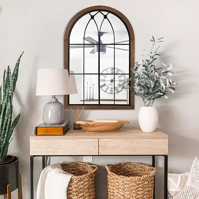 blue page Arched Mirror, Farmhouse Wall Decor, Rustic Wood Framed Accent Mirror - Image 6