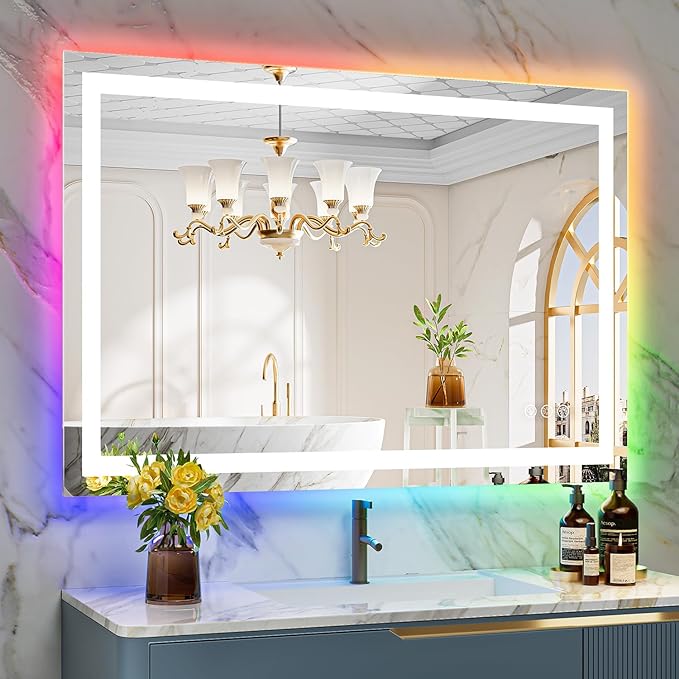 44x30 Inch RGB LED Bathroom Mirror Front Light and RGB Backlit Lighted Vanity by YEELAIT