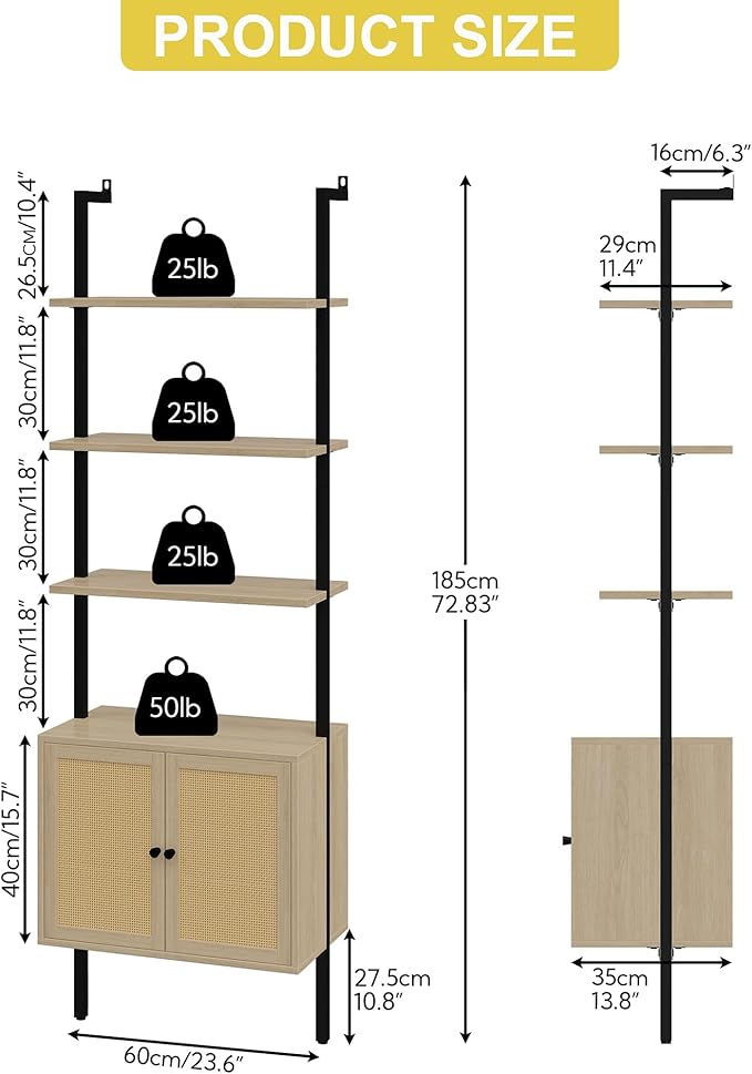 Yusong 73" Tall Bookshelf with Cabinet, Industrial Ladder Wall Mount Shelf - Image 3