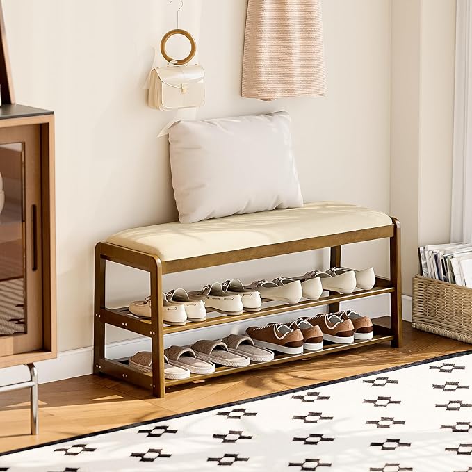 2-Tier Bamboo Shoe Bench with Cushion and Hidden Drawer, Entryway Shoe Rack - Image 4