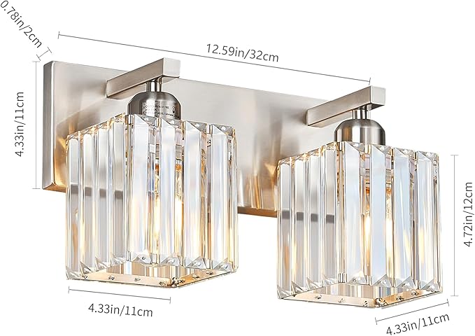 Modern Vanity Light 2-Lights Brushed Nickel Vanity Light Crystal Bathroom Wall - Image 5