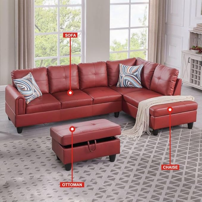 Red L-Shaped 3-Piece Faux Leather Sofa - Image 3