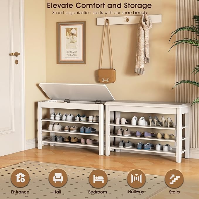 Shoe Rack Bench Seat Rubberwood 3-Tier Wooden Storage Bench 550lbs Compact - Image 3