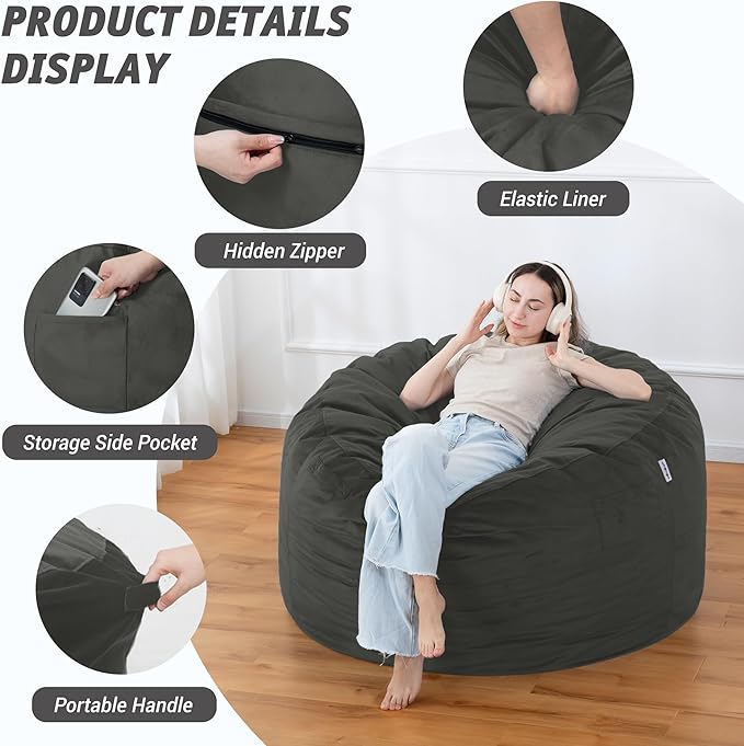 4FT Bean Bag Chair with Ultra Soft Velvet Cover Bean Bag Sofa with Memory Foam - Image 4