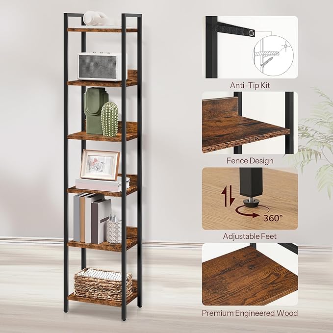 Bookshelf, 6-Tier Bookcase, Standing Book Shelf - Image 5