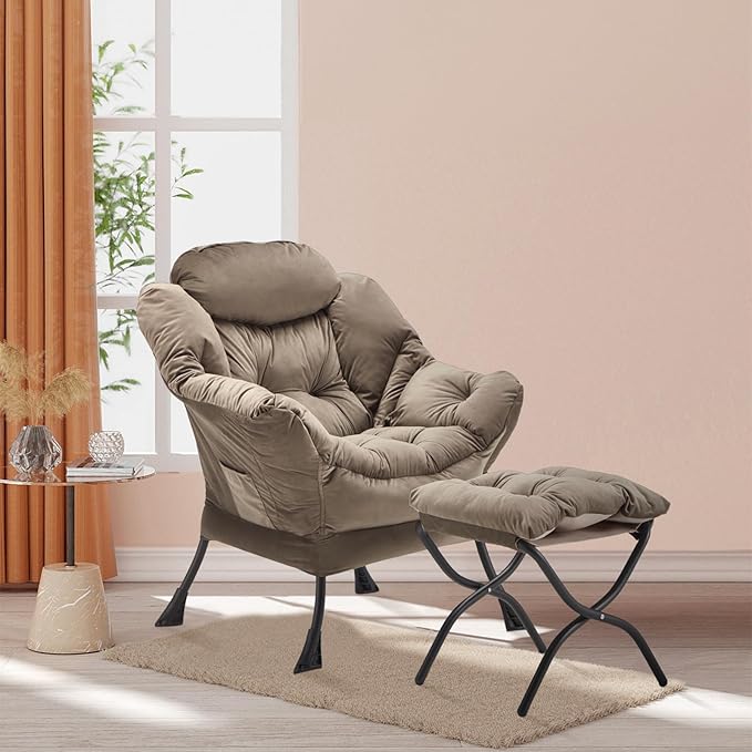 Lazy Chair with Folding Ottoman, Accent Chair Velvet Upholstered with Metal - Image 2