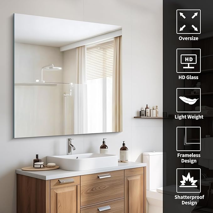 Frameless Mirror, 42x42 inch Square Bathroom Mirrors - Image 3