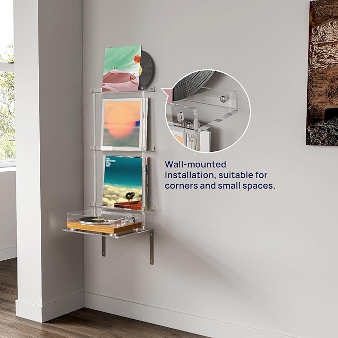 HMYHUM Wall Mounted Acrylic Record Player Stand, 15.6" L x 11.6" W x 40.2" H - Image 5