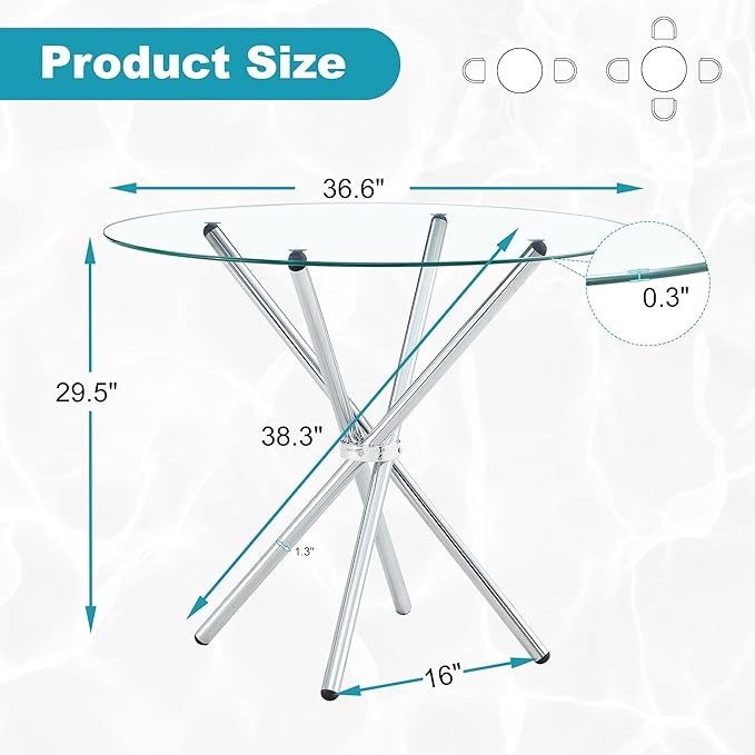 Kitchen Table for 2 Modern 36.6" Round Glass Table Small Tables - Image 2