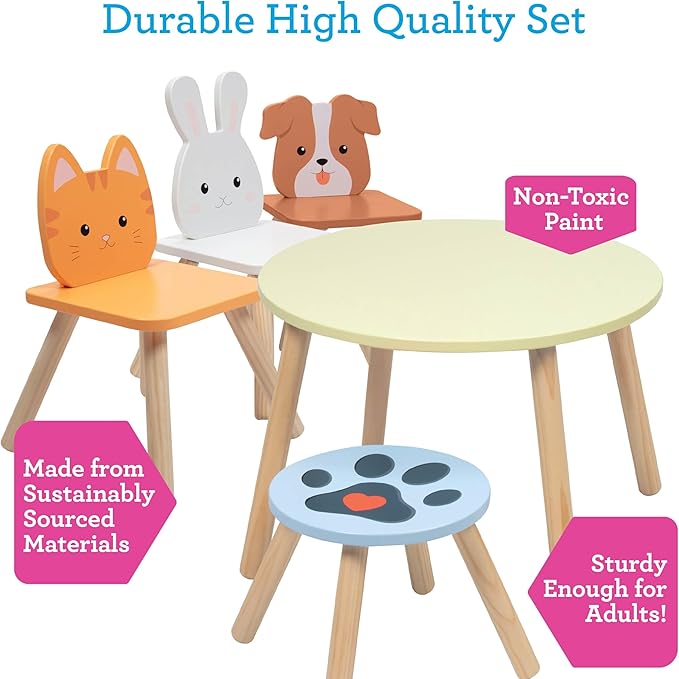 Kids Wooden Animal Table & Chair Set w 4 Seats- Puppy Kitten Bunny Plus Adult - Image 3