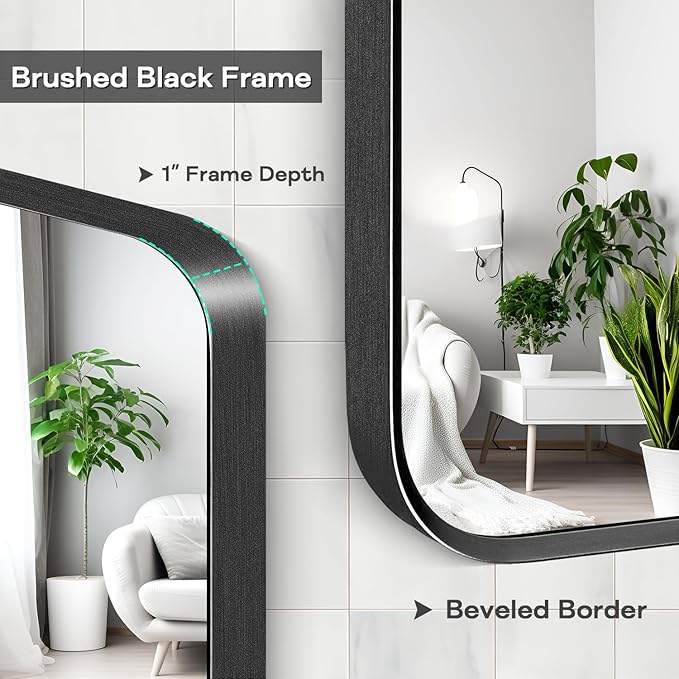 Wall Mount Mirror for Bathroom, Brushed Black Metal Framed Rounded Corner - Image 2