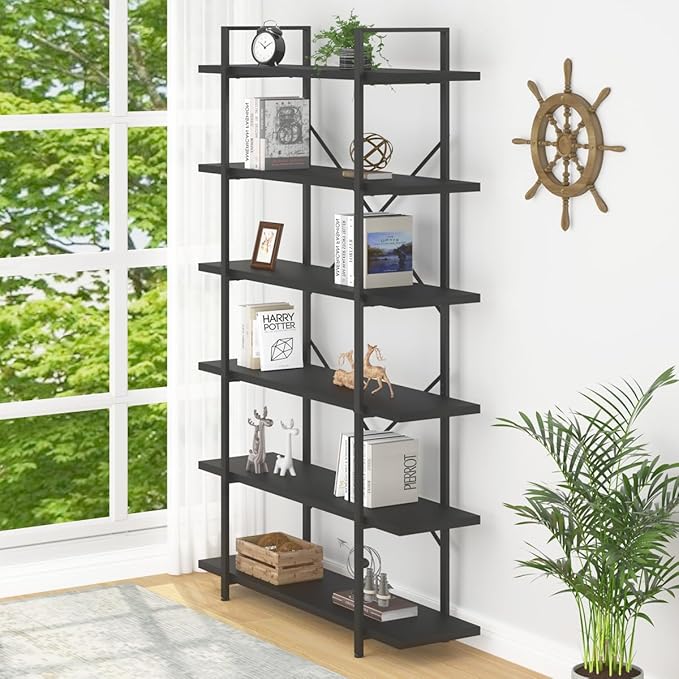 HSH 6 Tier Tall Black Bookshelf, Modern Large Storage Book Shelves & Display - Image 9
