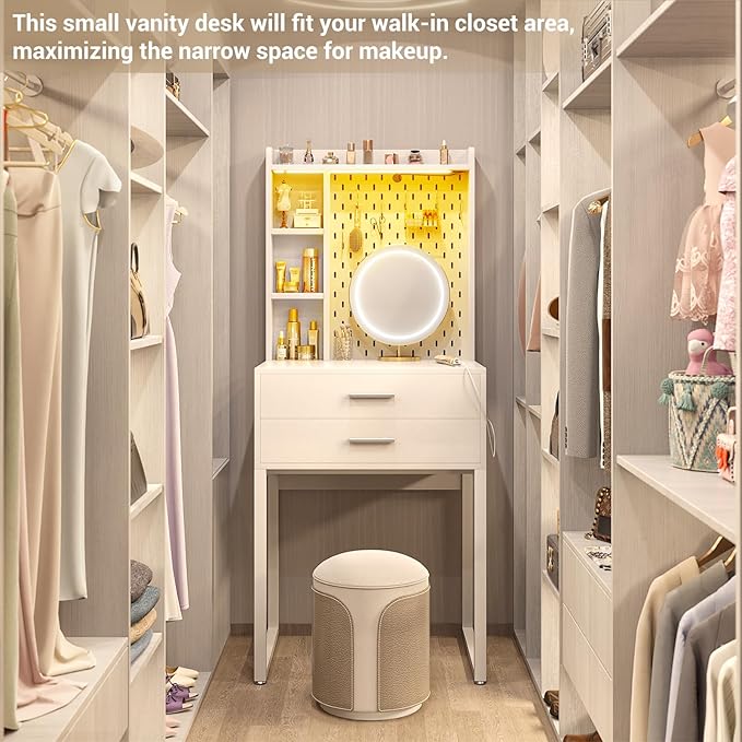 Small Vanity Desk with Hutch and Drawers, Vanity Table Dressing Table with LED - Image 5