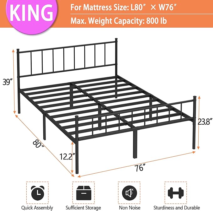 King Bed Frame-Classic Metal Platform Bed Frame, Mattress Foundation - Image 2