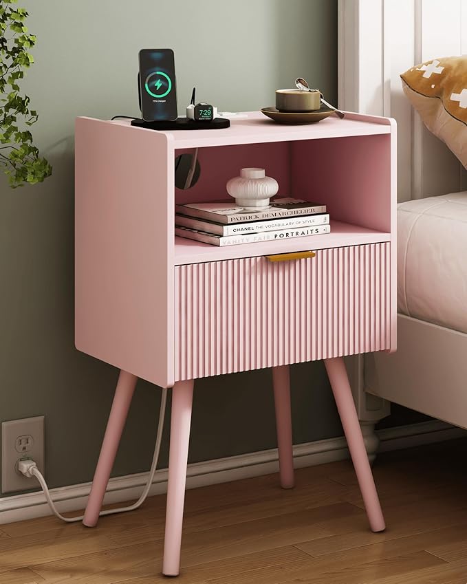 Nightstand with Oultlet, Modern Bedside Table with Storage Drawer and Open Wood by JOONEE