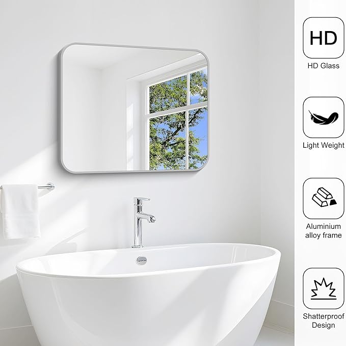Silver Bathroom Mirror, 30 x 36 Inch Metal Framed Silver Rectangle Mirror - Image 6