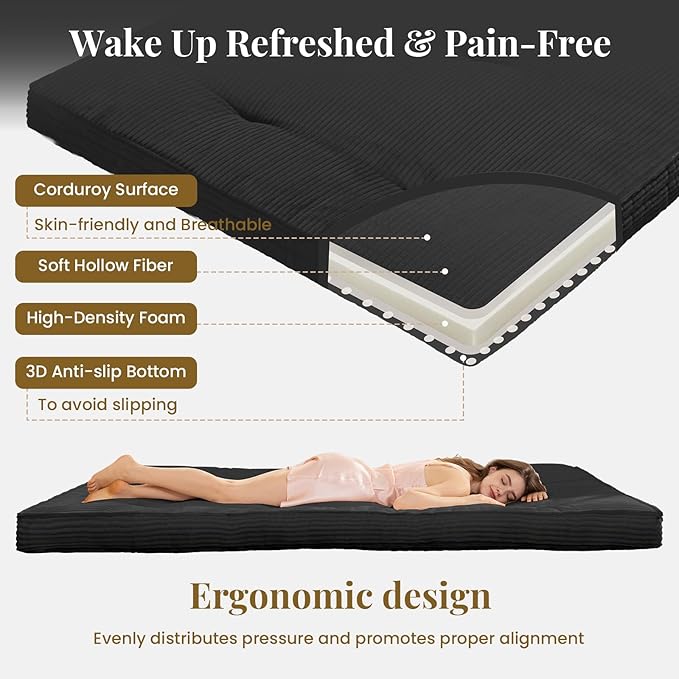 Japanese Floor Mattress, Corduroy Foldable Mattress Pad Roll Up Tatami Mat - Image 2