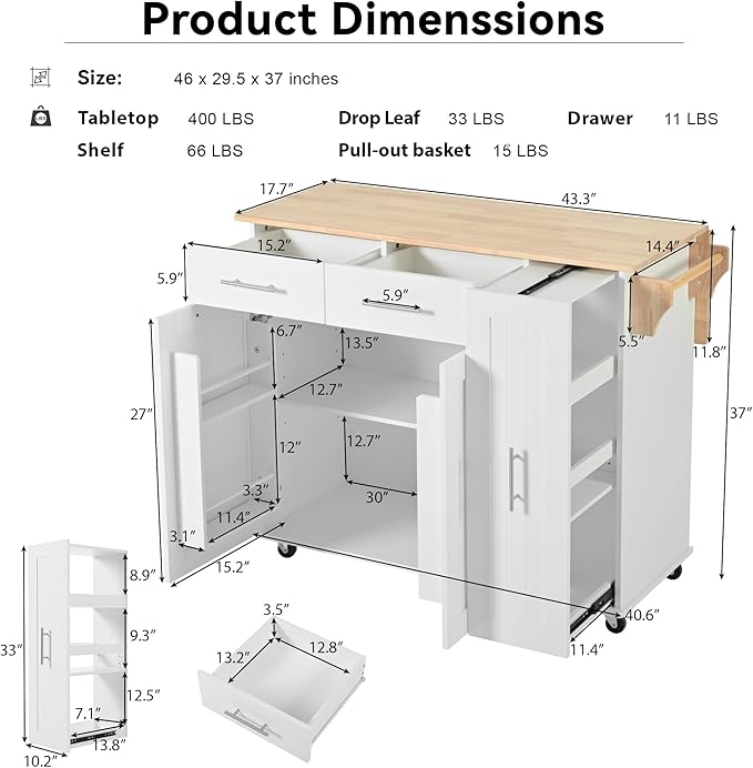 46" Kitchen Island with Drop Leaf, Kitchen Storage Cart W/ 3 Tier Pull Out - Image 2