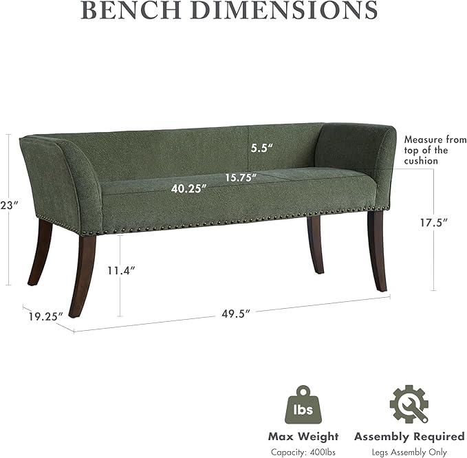 Madison Park Accent Bench, Plush Upholstered, Nailhead Trim, & Padded Seat - Image 3