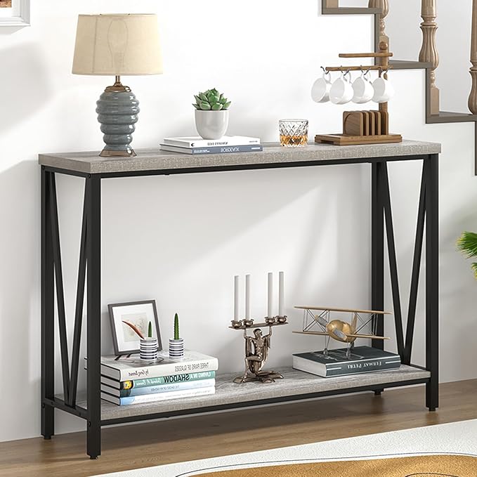 FOLUBAN Industrial Sofa Console Table, Rustic Wood and Metal Entryway Hallway - Image 3